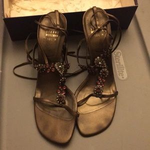 Stuart Weitzman Beaded Sandals Ankle Toe Bronze